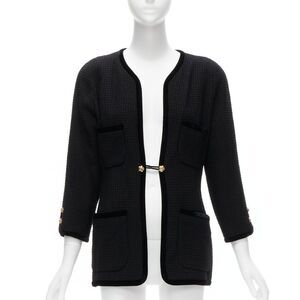 CHANEL Collection 23 1989 Vintage camellia button velvet black tweed jacket FR40